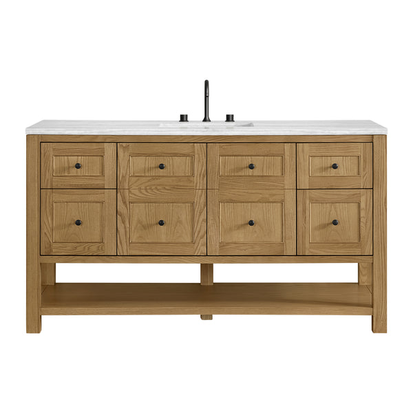 A wooden bathroom vanity with a white countertop, built-in sink, black faucet, six drawers with black knobs, and an open shelf at the bottom.