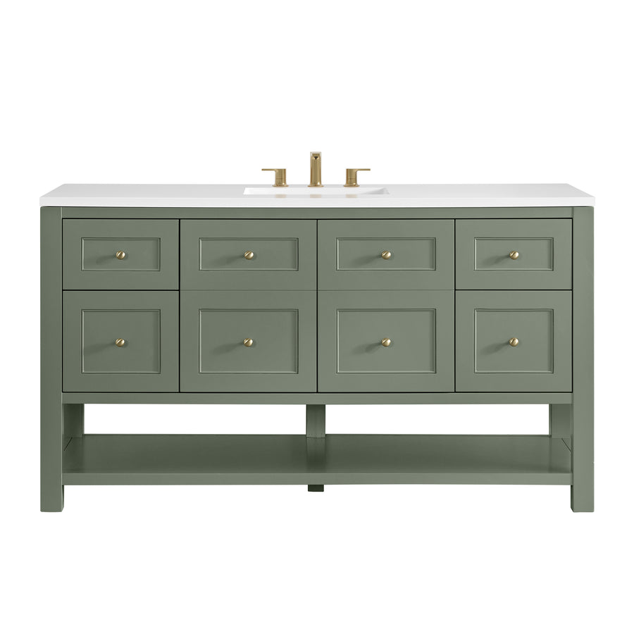 A green bathroom vanity with six drawers, gold knobs, a white countertop, an integrated sink, and gold faucet fixtures. The vanity has an open shelf at the bottom and a modern, clean-lined design.