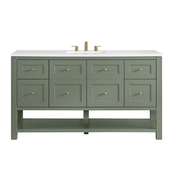 A green bathroom vanity with six drawers, gold knobs, a white countertop, an integrated sink, and gold faucet fixtures. The vanity has an open shelf at the bottom and a modern, clean-lined design.