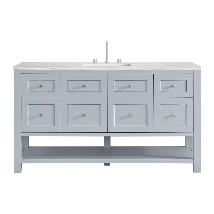 A light gray bathroom vanity with a marble countertop, a built-in sink, six drawers, two central cabinet doors, silver knobs, an open lower shelf, and a modern faucet centered above the sink.