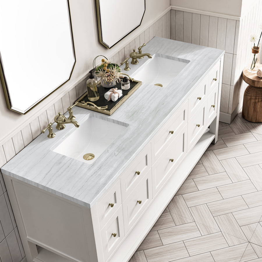 A white double-sink bathroom vanity with gold faucets, a marble countertop, and decorative tray with plants. The vanity has several drawers and is set against a wall with mirrors and chevron-patterned floor tiles.