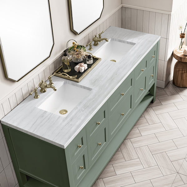 A modern bathroom features a double sink with a marble countertop, green cabinetry with gold hardware, two mirrors, and brass faucets. A decorative tray with toiletries and plants sits between the sinks.