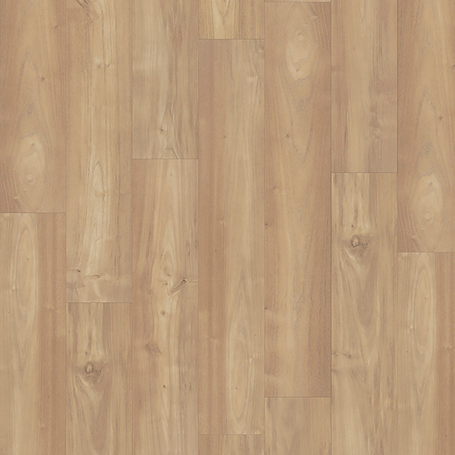 Charlotte Woods 7 1/2" Laminate in Sesame Acacia features a light brown, wood-look finish with natural grain and subtle knots, arranged in a staggered layout. Its scratch-resistant surface offers a smooth, polished look for a warm, inviting space.