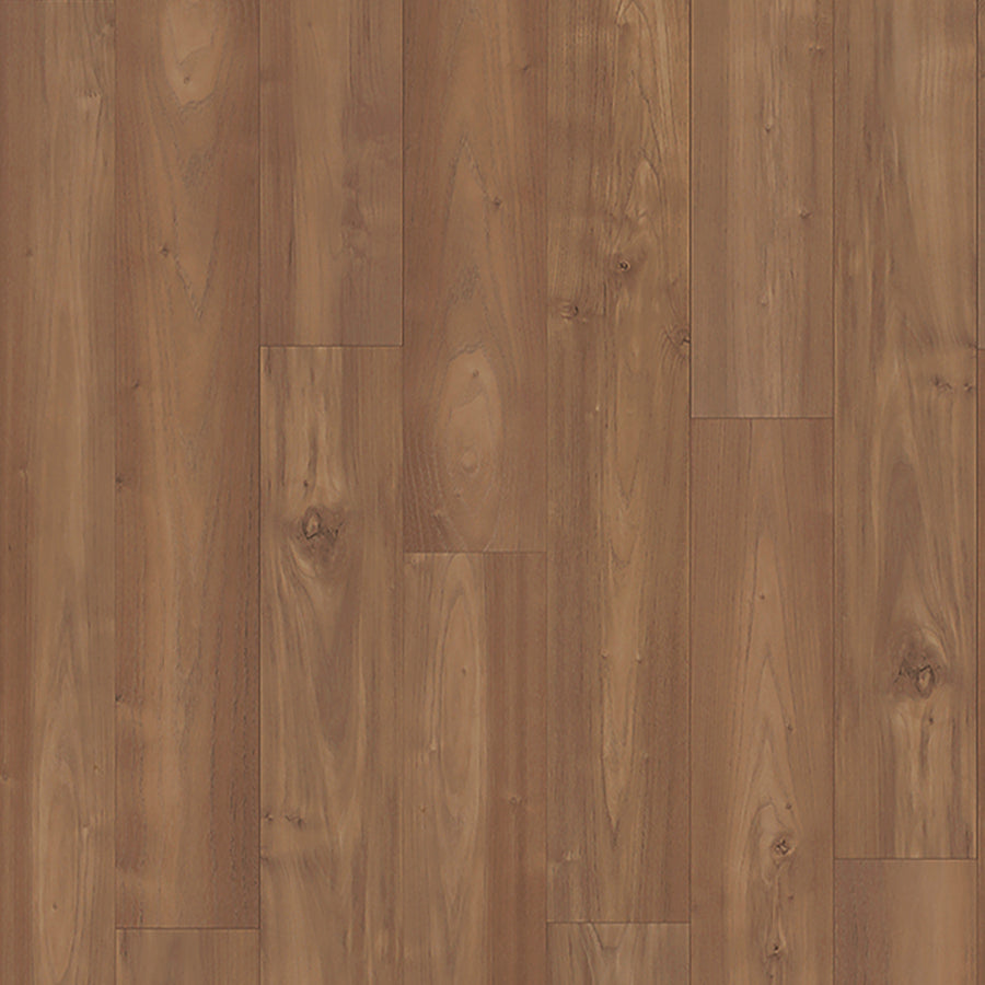 Close-up of Charlotte Woods 7 1/2" Laminate in Almond Acacia, showing its durable, reddish-brown wood-look finish with natural grain patterns and knots, arranged in a staggered floorboard pattern.
