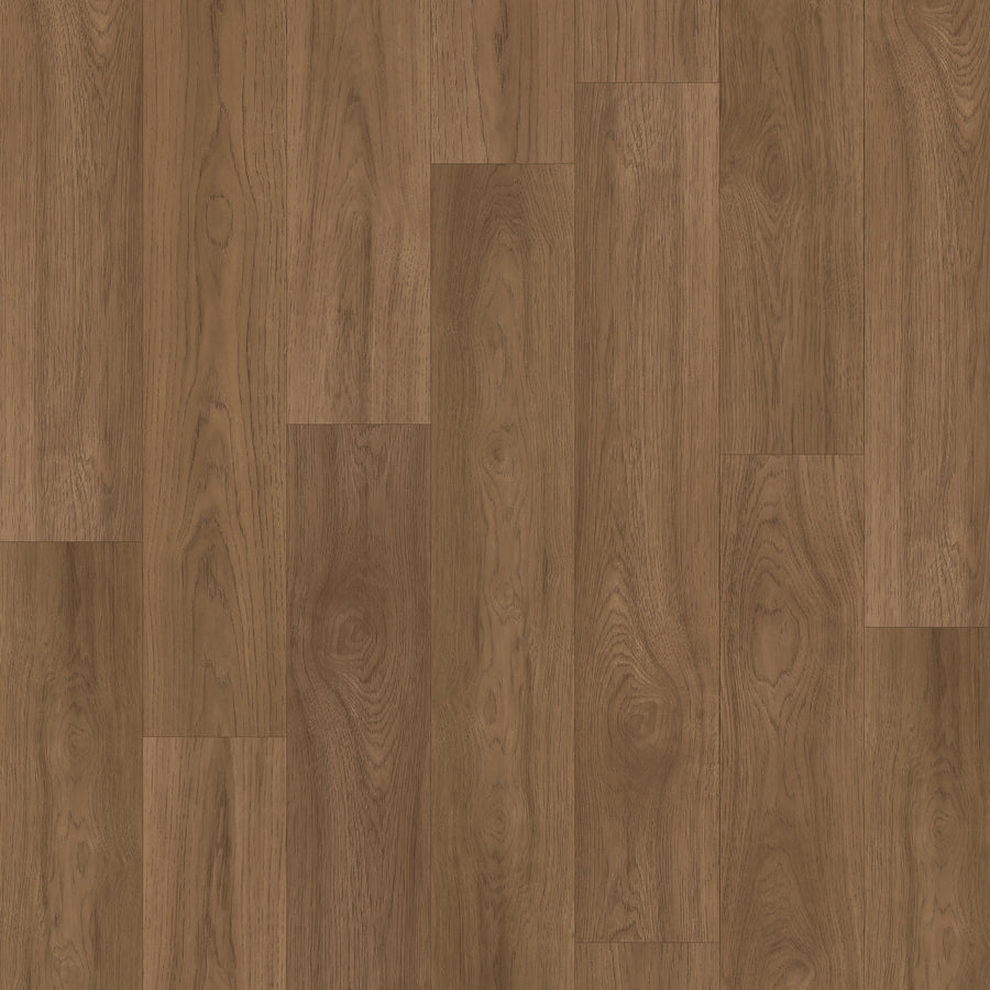 A close-up of Woodstock Knoll 7.5" Laminate in MOCHA HICKORY, featuring scratch-resistant flooring with natural brown tones and visible wood grain patterns for an authentic look.