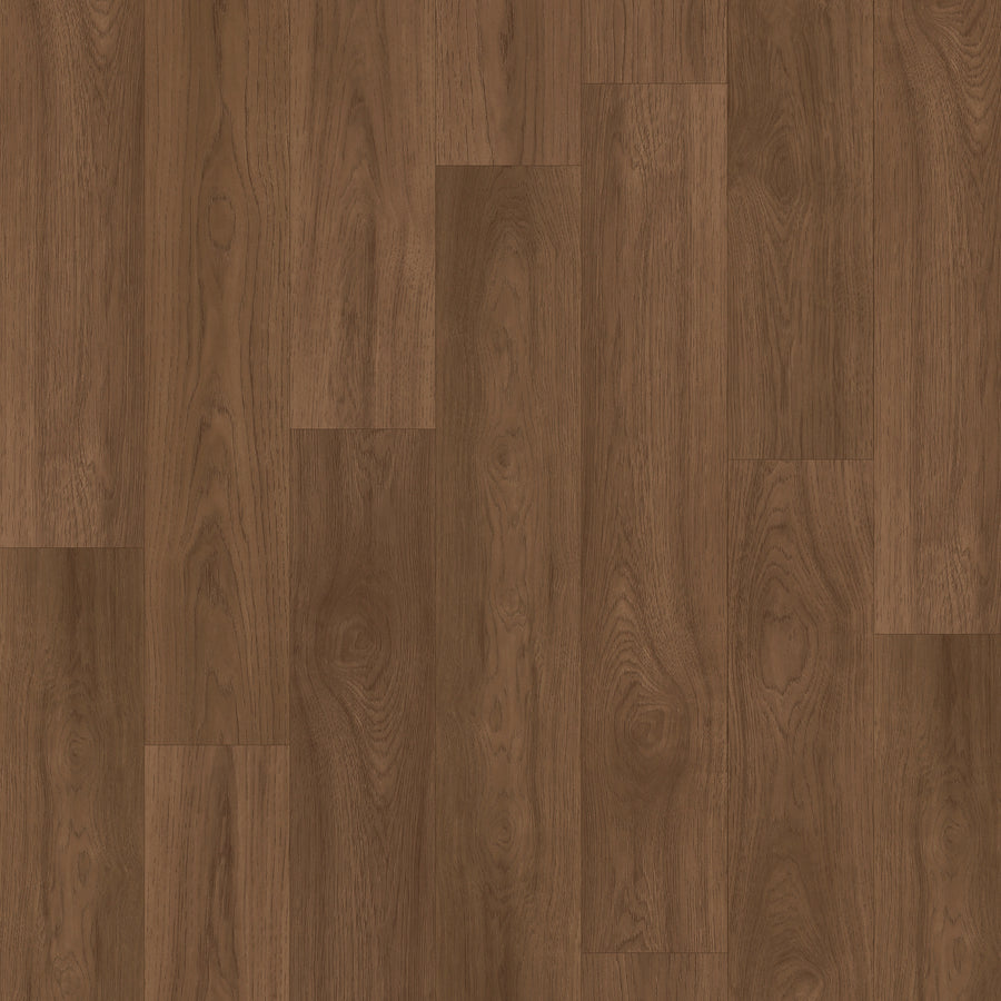 A close-up of Woodstock Knoll 7.5" Laminate in TRUFFLE HICKORY highlights rich brown tones, natural wood grain patterns, and subtle texture variations for classic wood appeal.