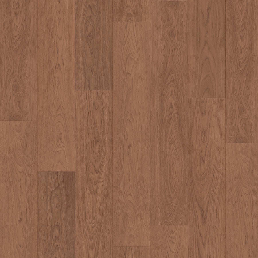 A close-up of Sagehill Hollow 7 1/2" Laminate in Cocoa Oak shows its rich, natural grain and warm tones, arranged in a modern, interlocking pattern for an elegant, durable flooring solution.