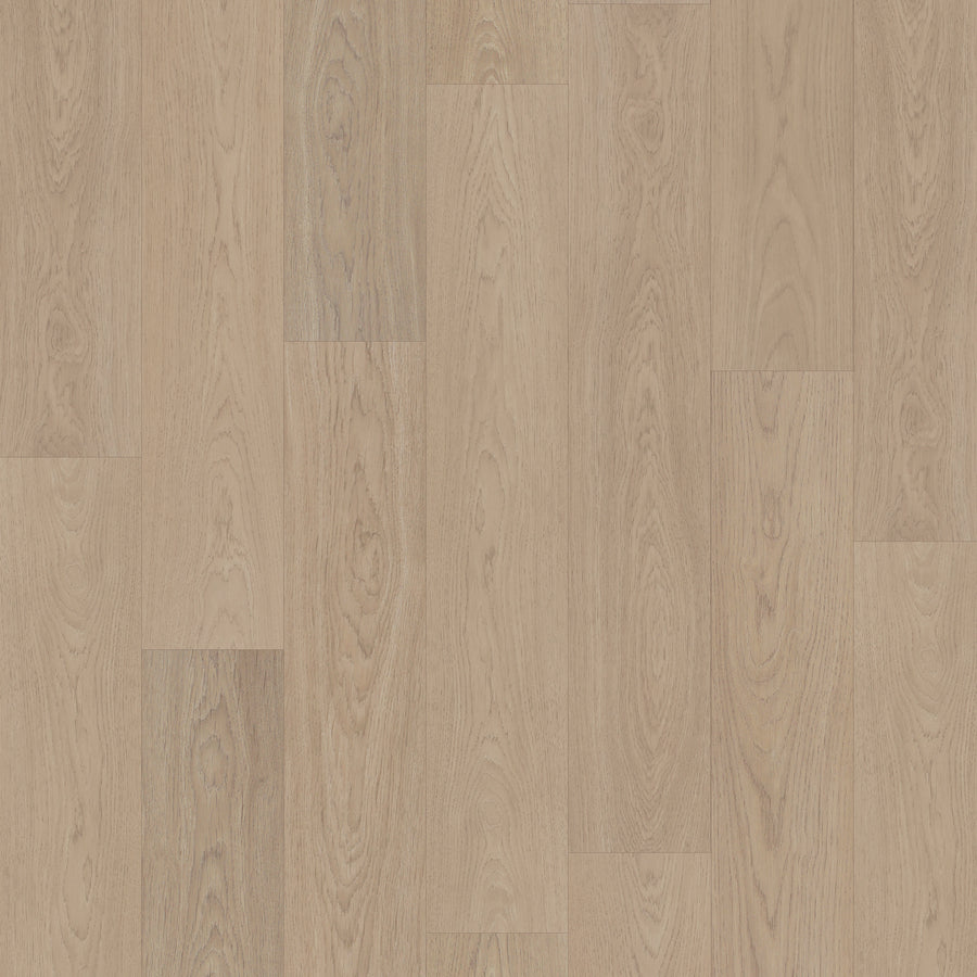 Sagehill Hollow 7 1/2" Laminate in Sandstone Oak features light-colored planks with a natural grain pattern, subtle tone variations, and a smooth, durable surface for a contemporary look.