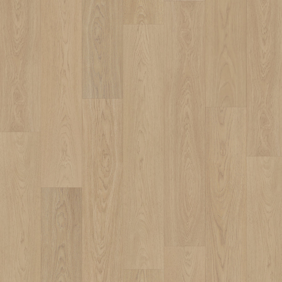 Sagehill Hollow 7 1/2" Laminate in Limestone Oak features natural grain patterns and subtle tonal variations. Its smooth, durable surface and seamless horizontal plank design provide a clean, modern look ideal for contemporary interiors.