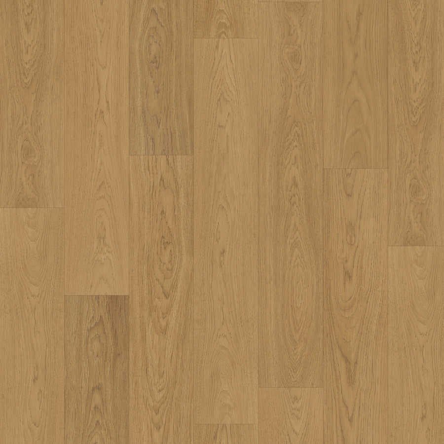 Sagehill Hollow 7 1/2" Laminate in Sepia Clay Oak features a natural grain pattern with varied shades and a smooth, subtly textured finish, arranged in staggered planks to bring warmth to contemporary interiors.