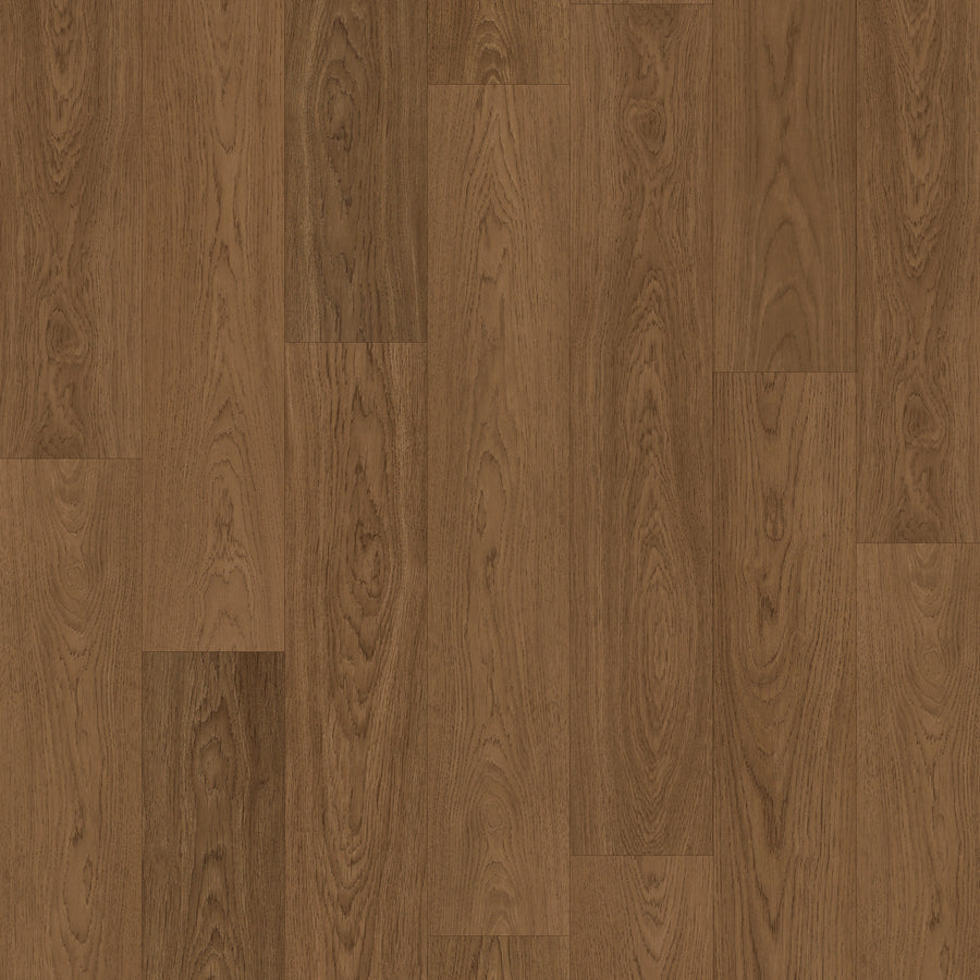 Close-up view of Sagehill Hollow 7 1/2" Laminate in Umber Oak shows medium brown planks in a staggered pattern. Natural grain and knot details add texture and warmth, highlighting the contemporary style and durable finish.