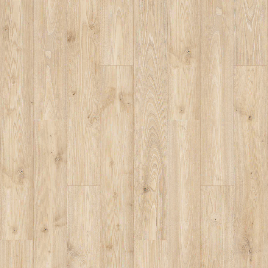 Madison Aisle 7 1/2" Laminate in IVORY CHESTNUT features wide planks with wood-look grain and knots. Its smooth, light-colored surface offers a natural, warm feel and is scratch resistant for enduring beauty.