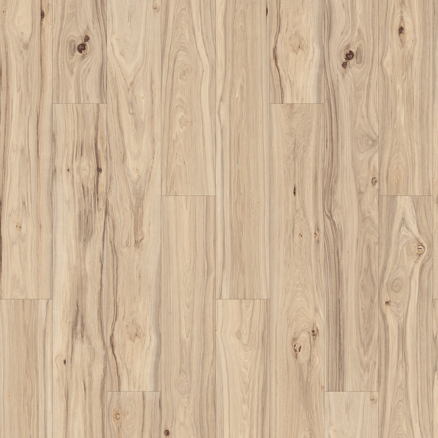 Lacy Highlands 7 1/2" Laminate in White Pepper Hickory features natural grain, knots, and subtle beige-tan variations in a staggered plank layout, delivering a stylish and durable wood-look floor.