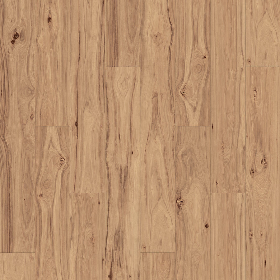 Lacy Highlands 7 1/2" Laminate in Clove Hickory features light brown tones with natural grain and knot details, offering a smooth, polished look. The seamless plank design creates a stylish flooring choice for any room.