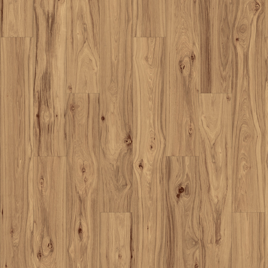 Lacy Highlands 7 1/2" Laminate in Tamarind Hickory features stylish staggered planks with natural grain and knots. The smooth, durable finish offers a warm look and lasting beauty, perfect for any space.
