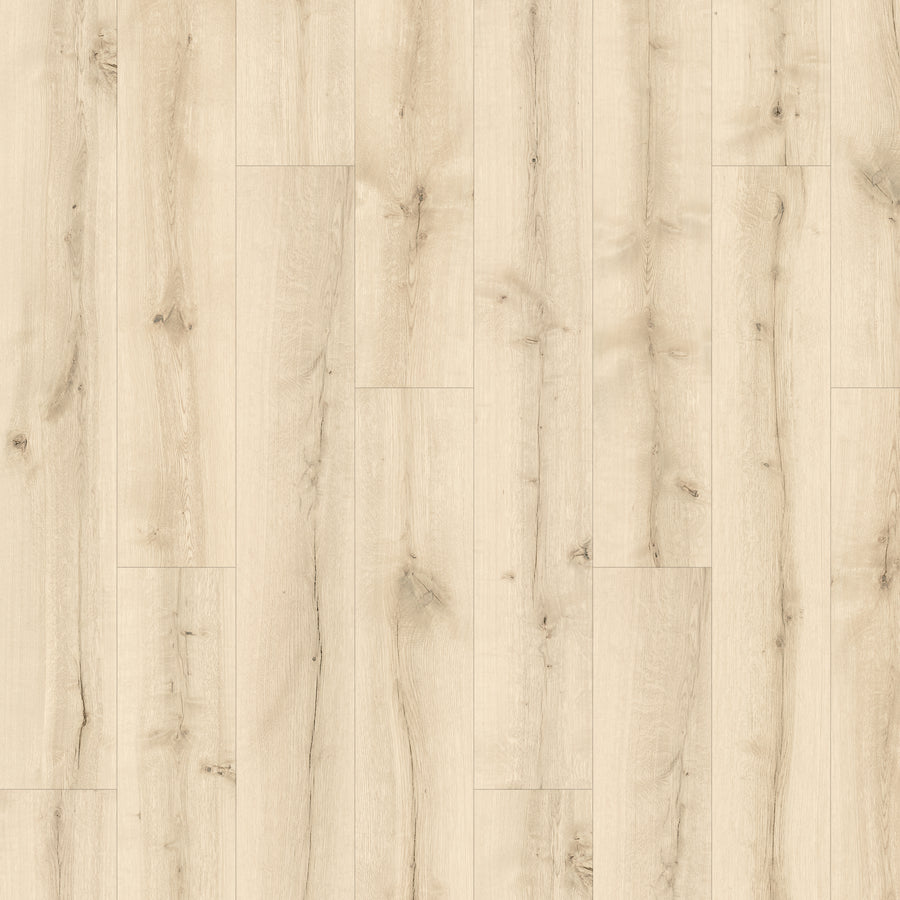 Mableton Lane 8 11/32" Laminate in Palomino Oak features light-colored planks with a natural grain and visible knots, arranged parallel for a smooth, clean, and modern wood-look finish.