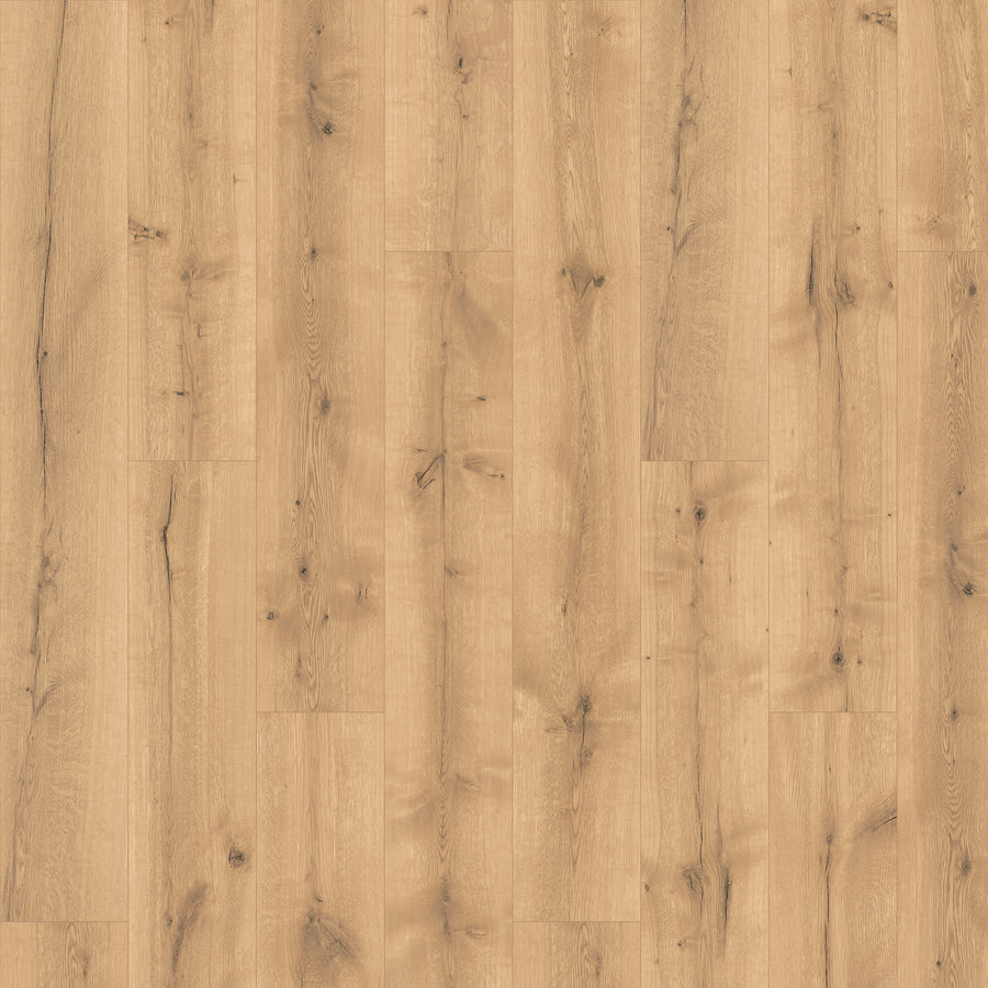 Mableton Lane 8 11/32" Laminate in TAWNY OWL OAK features a light brown wood-look finish with visible grain and knots, arranged in narrow vertical planks for a rustic, durable style.