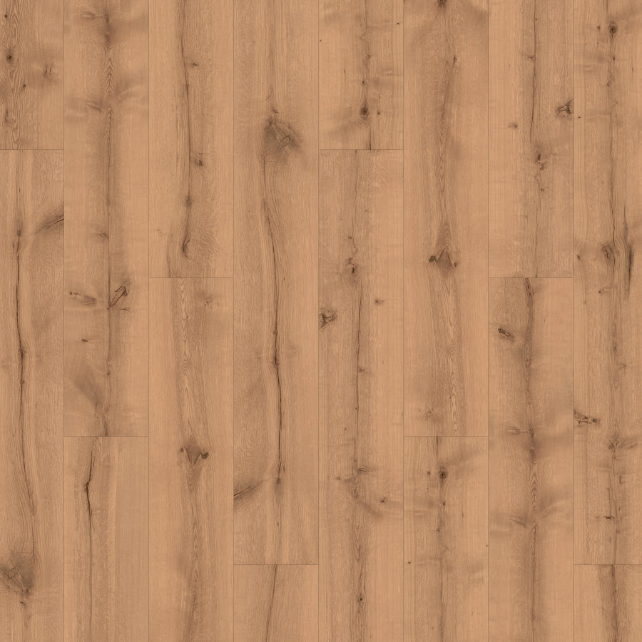 Mableton Lane 8 11/32" Laminate in SABLE OAK features warm, wood-look planks with natural grain patterns and knots. Vertically aligned, the subtle texture and color variations create an inviting, realistic oak appearance.