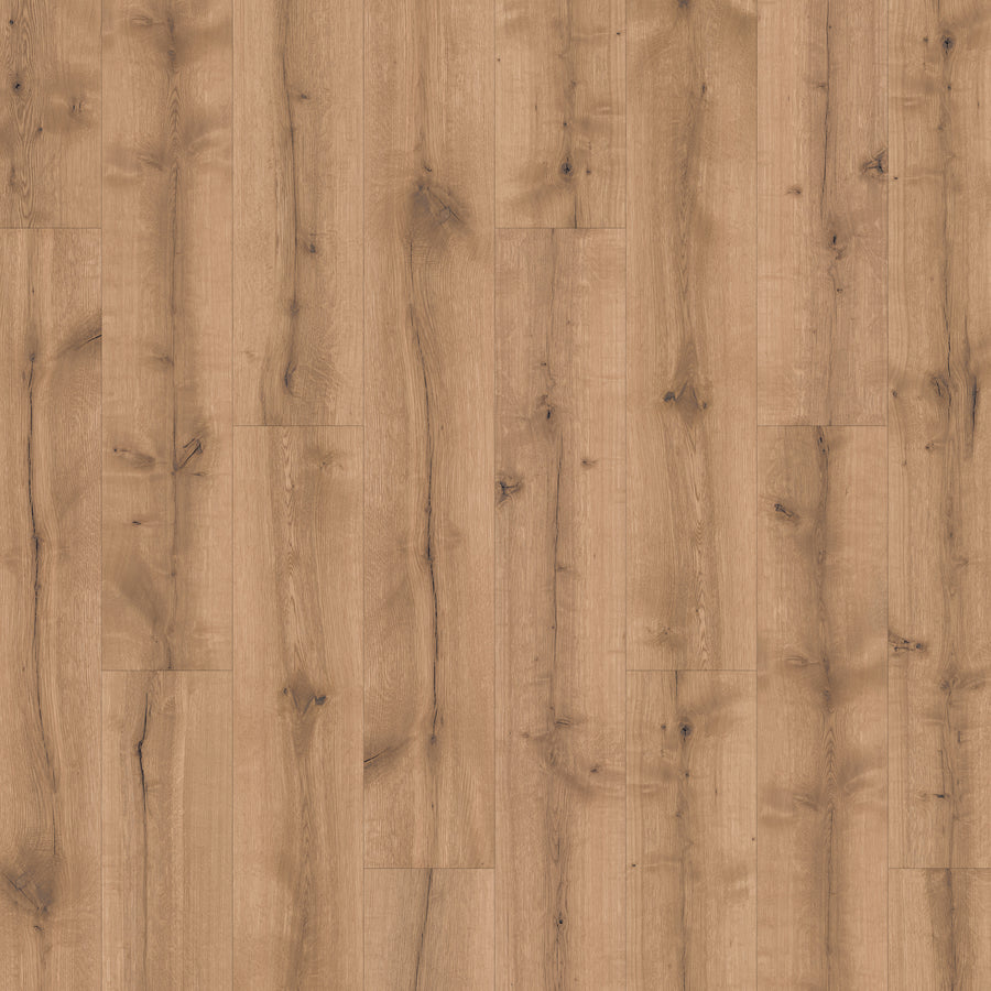 Mableton Lane 8 11/32" Laminate in Mink Oak features a wood-look finish with natural grain and visible knots. Its staggered plank layout brings warmth and rustic charm, making it a durable choice for any space.