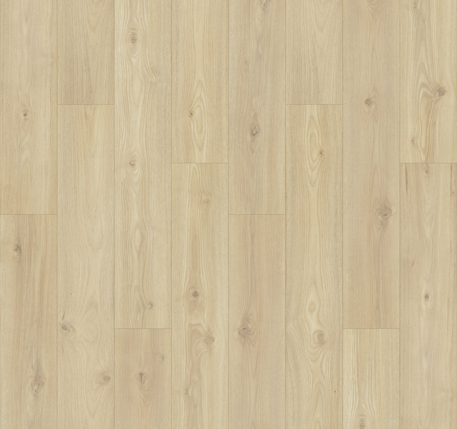Freywood Springs 8 11/32" Waterproof Laminate in Vanilla Hickory features a smooth, light finish with natural grain and knots. The moisture-resistant planks are arranged in a staggered layout for a warm, authentic look.