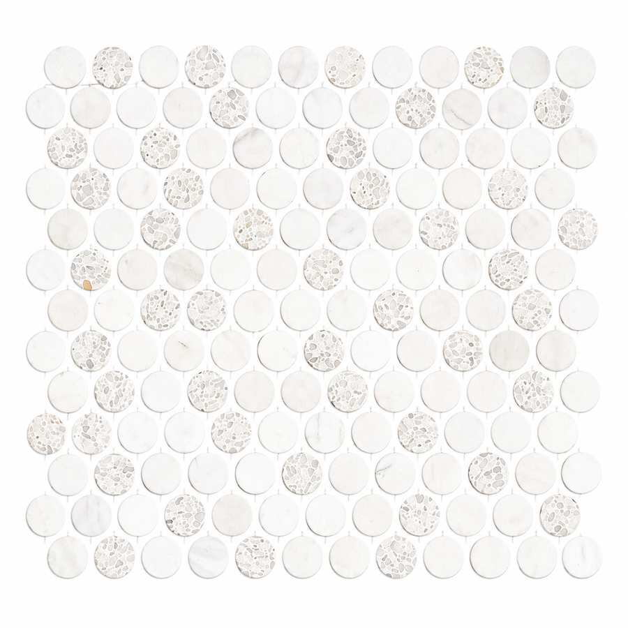 Revive Terrazzo & Korbell 1″ Pennyround Mosaic in Amplify color combines the timeless charm of penny round tiles with plain white marble and terrazzo-inspired circles, featuring gray stone aggregate accents set against a crisp white grout background.