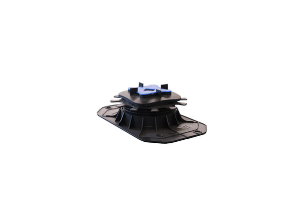 The Ardex TerraMaxx Pedestal is a black plastic adjustable support with a rectangular base and circular ridged center, ideal for raised flooring or roof terrace installations. Shown isolated on a white background.