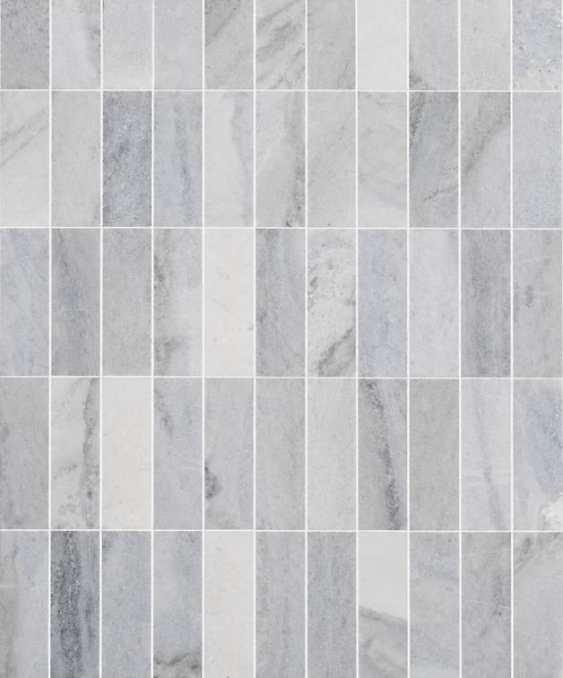 Blue Horizon 3x9 Honed Marble Tile features a blue color and sleek finish, arranged in a grid with visible grout lines for a clean, modern geometric look.