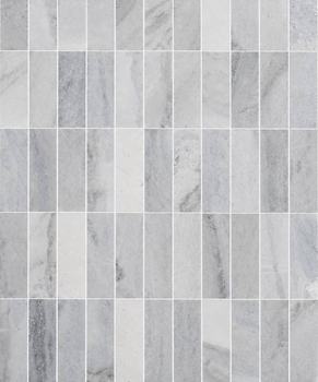 Blue Horizon 3x9 Honed Marble Tile features a blue color and sleek finish, arranged in a grid with visible grout lines for a clean, modern geometric look.
