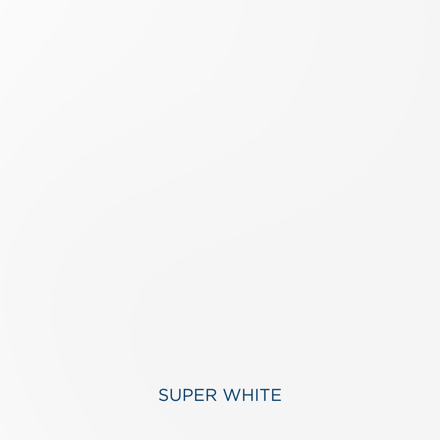 A plain white background with subtle wavy, light gray lines. The words SUPER WHITE appear in small, blue, uppercase letters at the bottom center.