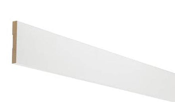Modern White Painted Wood Molding & Trim is shown as a long, narrow, white rectangular plank with a smooth surface and thin brown edge, available in 12-foot lengths.
