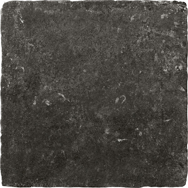 The VersaTILE 16x16 Glazed Porcelain Tile in Belgian Dark is a square luxury tile with a rough, uneven surface, slightly irregular edges, and subtle lighter patches that highlight natural texture variations.