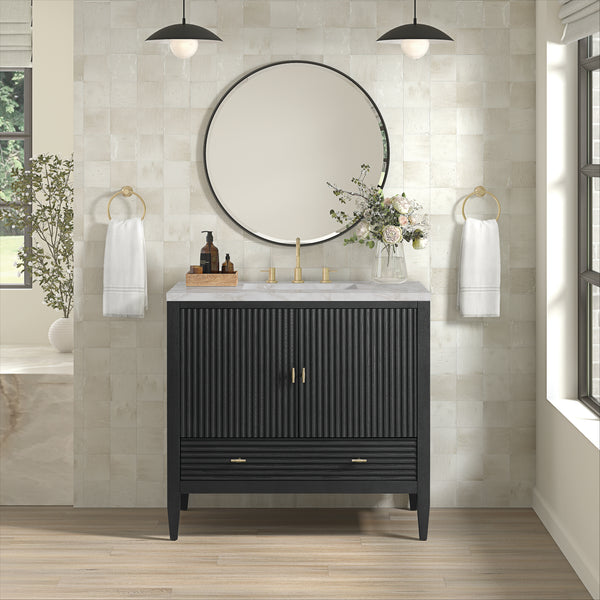 A modern bathroom showcases the Myrrin 36