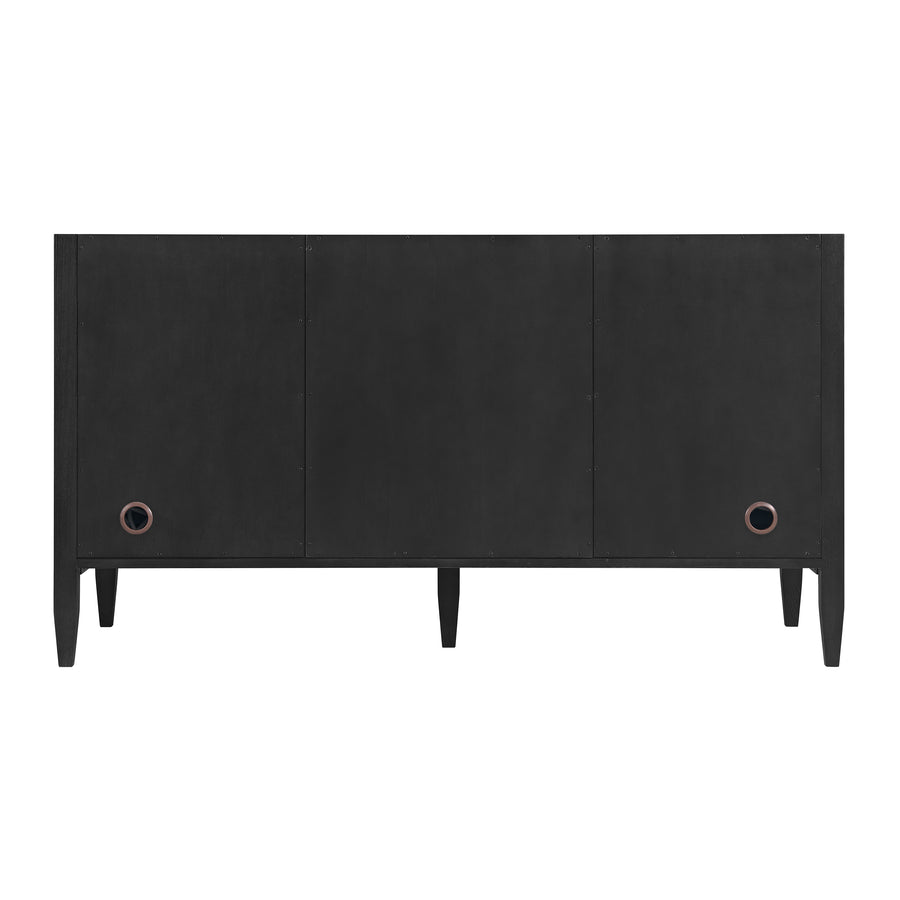 A black modern sideboard with clean lines, three front panels, four slim legs, and two small round holes near the lower corners, set against a white background.