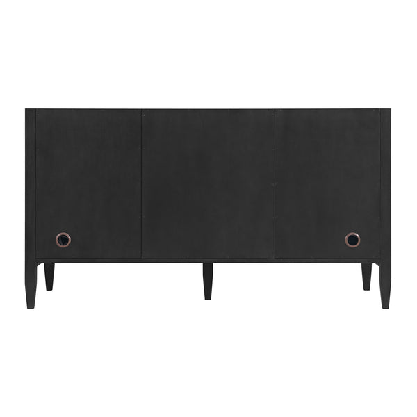 A black modern sideboard with clean lines, three front panels, four slim legs, and two small round holes near the lower corners, set against a white background.