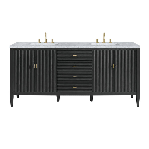 A modern double-sink vanity with a white marble countertop, two gold faucets, black fluted cabinet doors, central drawers, and gold hardware. The unit stands on tapered legs.