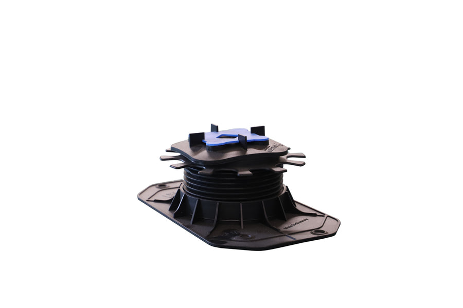 The Ardex TerraMaxx Pedestal is a black adjustable plastic deck support with a ribbed cylindrical center, flat rectangular base, and small blue top component—ideal for raised flooring or porcelain tile systems. Isolated on a white background.