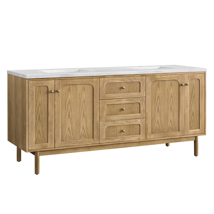 A wooden bathroom vanity with a white countertop, featuring two cabinets on each side, three central drawers, and simple round handles.