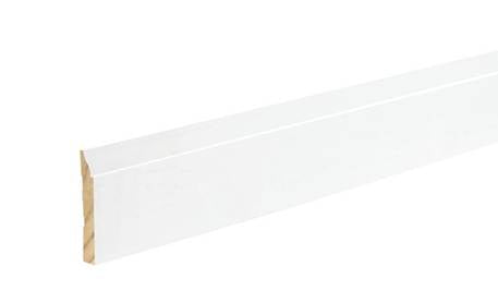 The Modern White Painted Wood Molding & Trim is a long, narrow piece with a low-gloss finish and natural wood edge, available in 12-foot lengths and shown isolated on a white background.