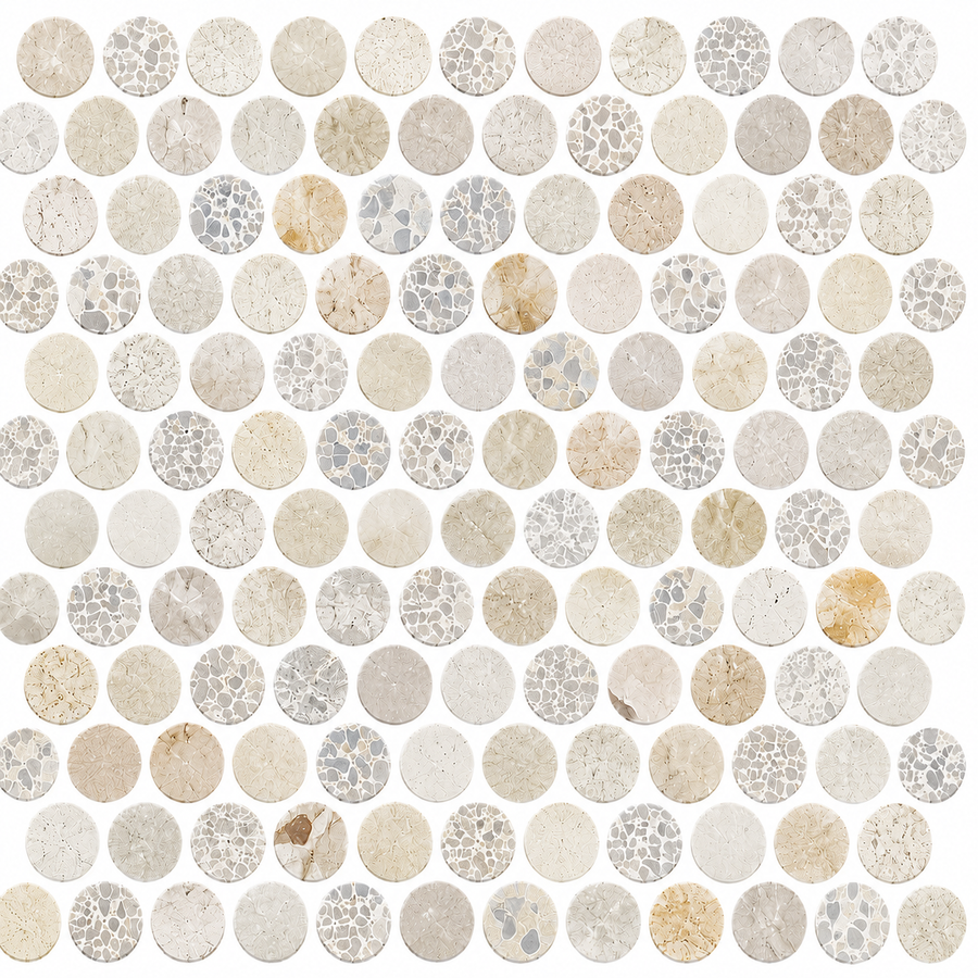 A tightly arranged grid of Revive Terrazzo & Korbell 1″ Pennyround Mosaic tiles in the Pave color features various neutral shades and classic mosaic patterns, reminiscent of traditional penny round designs, displayed on a white background.