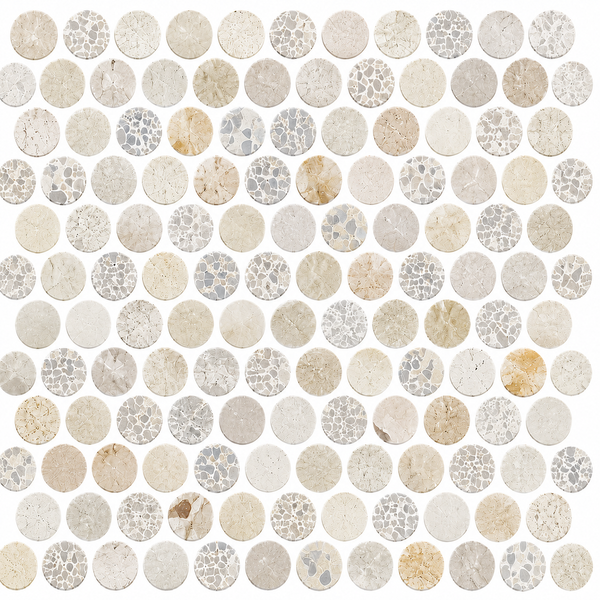 A tightly arranged grid of Revive Terrazzo & Korbell 1″ Pennyround Mosaic tiles in the Pave color features various neutral shades and classic mosaic patterns, reminiscent of traditional penny round designs, displayed on a white background.