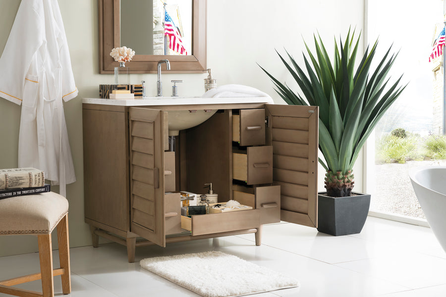 A modern bathroom vanity with open cabinet doors reveals organized shelves and storage bins. A large green plant in a black pot sits beside it, and a white rug lies on the tile floor. Natural light fills the space.