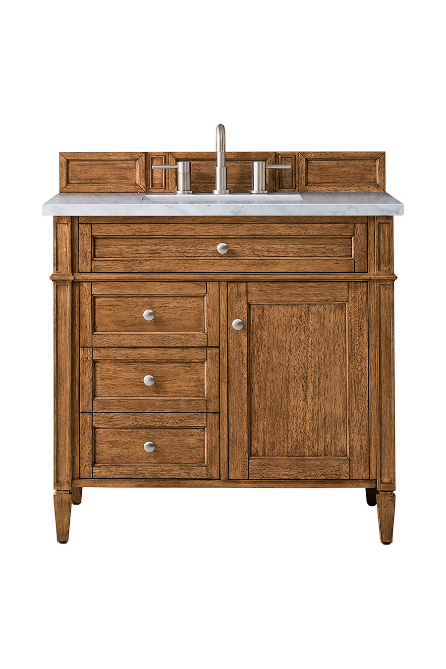 A wooden bathroom vanity with a marble countertop, a built-in rectangular sink, a silver faucet, four drawers with round knobs on the left, and a single cabinet door on the right, set against a white background.