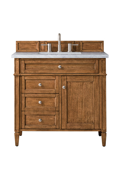 A wooden bathroom vanity with a marble countertop, a built-in rectangular sink, a silver faucet, four drawers with round knobs on the left, and a single cabinet door on the right, set against a white background.