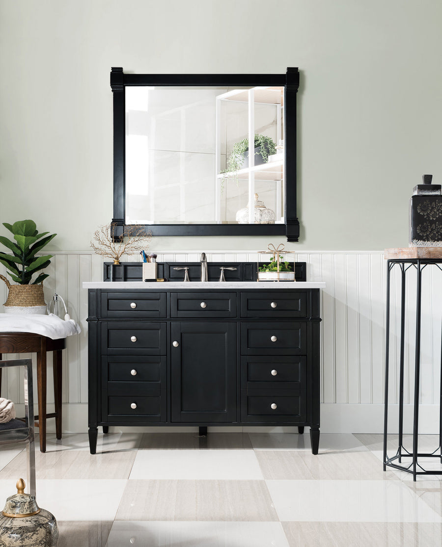 A modern bathroom showcases the Brittany 48" Vanity with a white countertop and rectangular mirror, complemented by decorative items, shelving, a plant, light green walls, and checkered tile flooring for a luxurious feel.