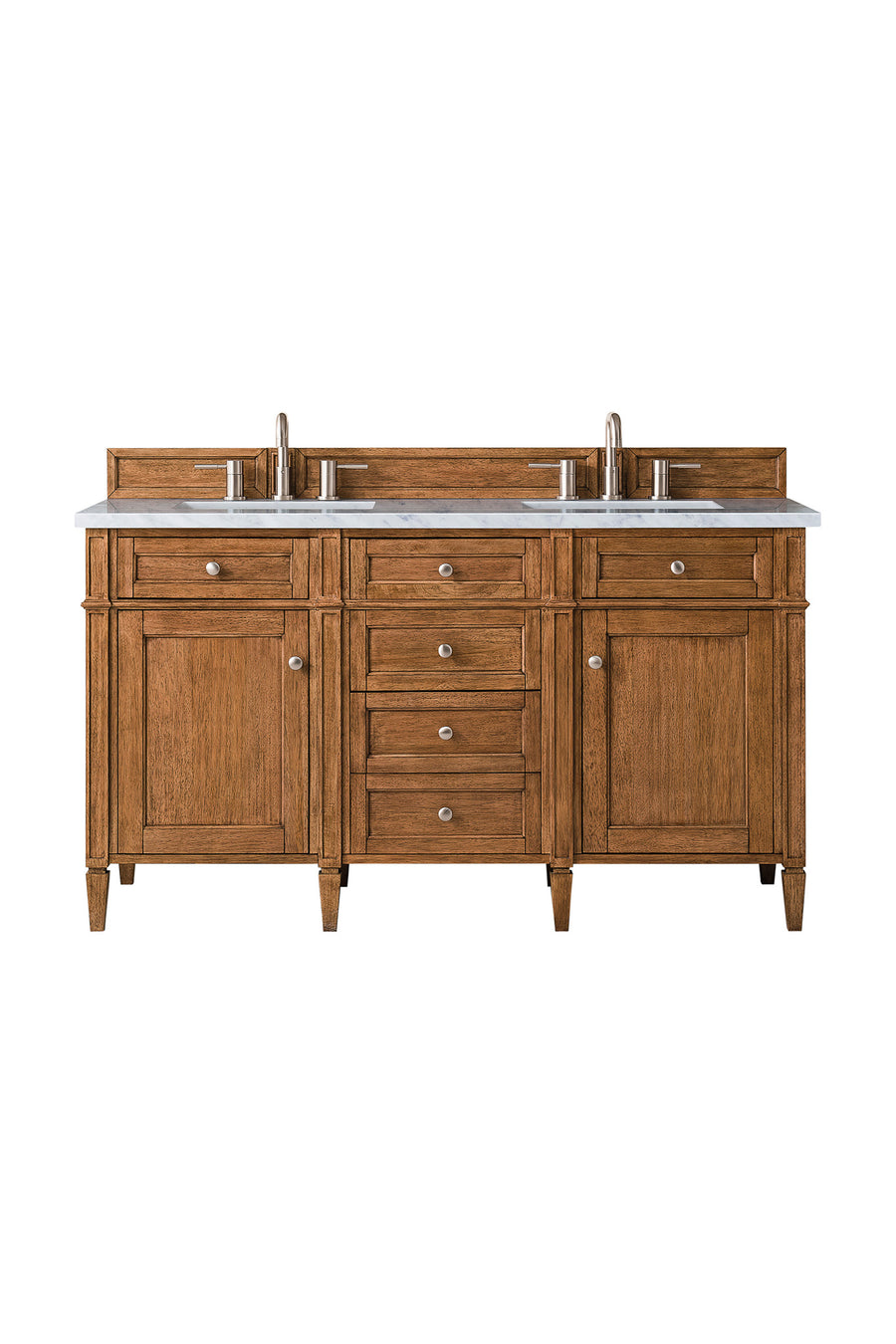 A wooden double-sink bathroom vanity with a marble countertop, two metal faucets, four drawers in the center, and cabinets on each side, shown against a white background.