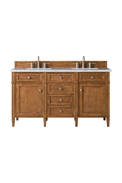 A wooden double-sink bathroom vanity with a marble countertop, two metal faucets, four drawers in the center, and cabinets on each side, shown against a white background.