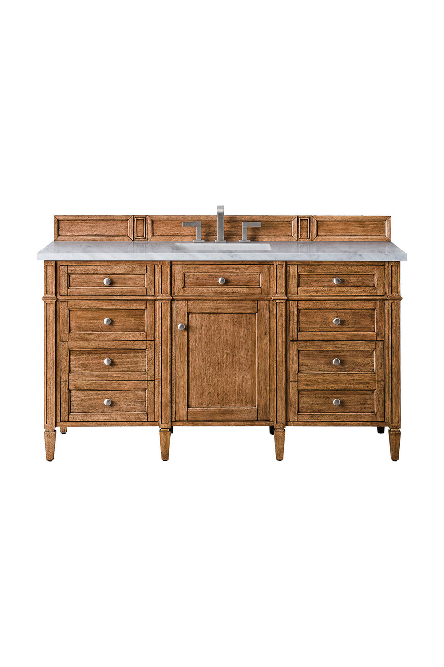 A wooden bathroom vanity with a white countertop, central sink, silver faucet, and multiple drawers and cabinets for storage.