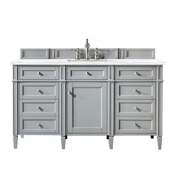 A gray bathroom vanity with six drawers, a central cabinet, silver handles, a white marble countertop, and a silver faucet.