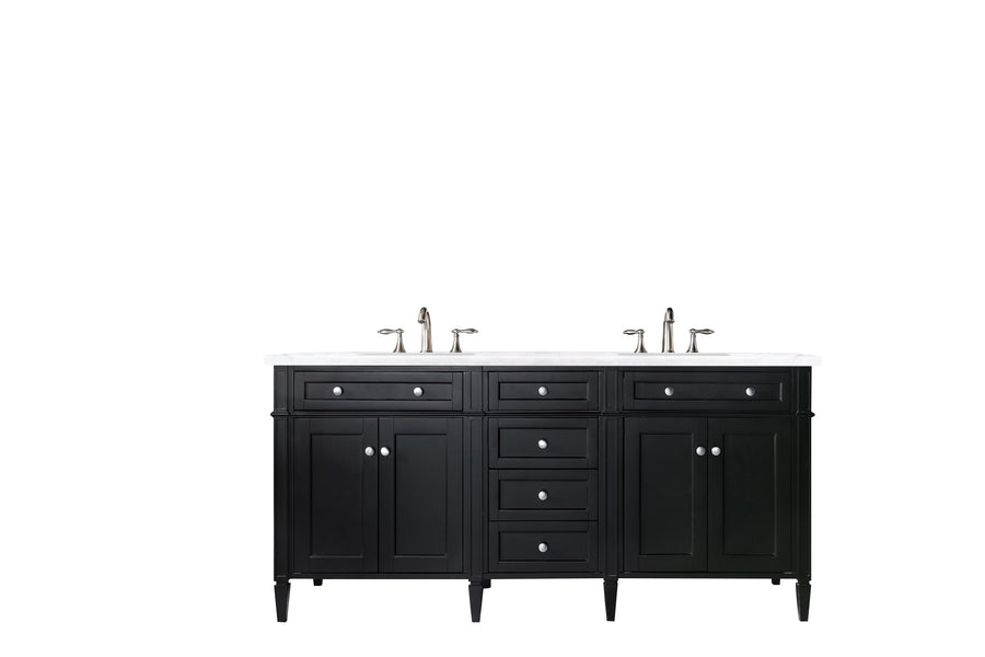 A double-sink bathroom vanity with a white countertop, black cabinets, silver drawer knobs, and two silver faucets, set against a white background.