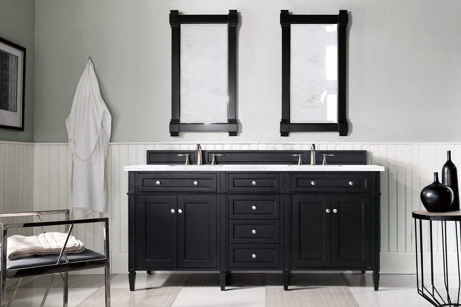 A bathroom featuring the Brittany 72" Double Bowl Vanity, known for its sleek design and striking black finish.